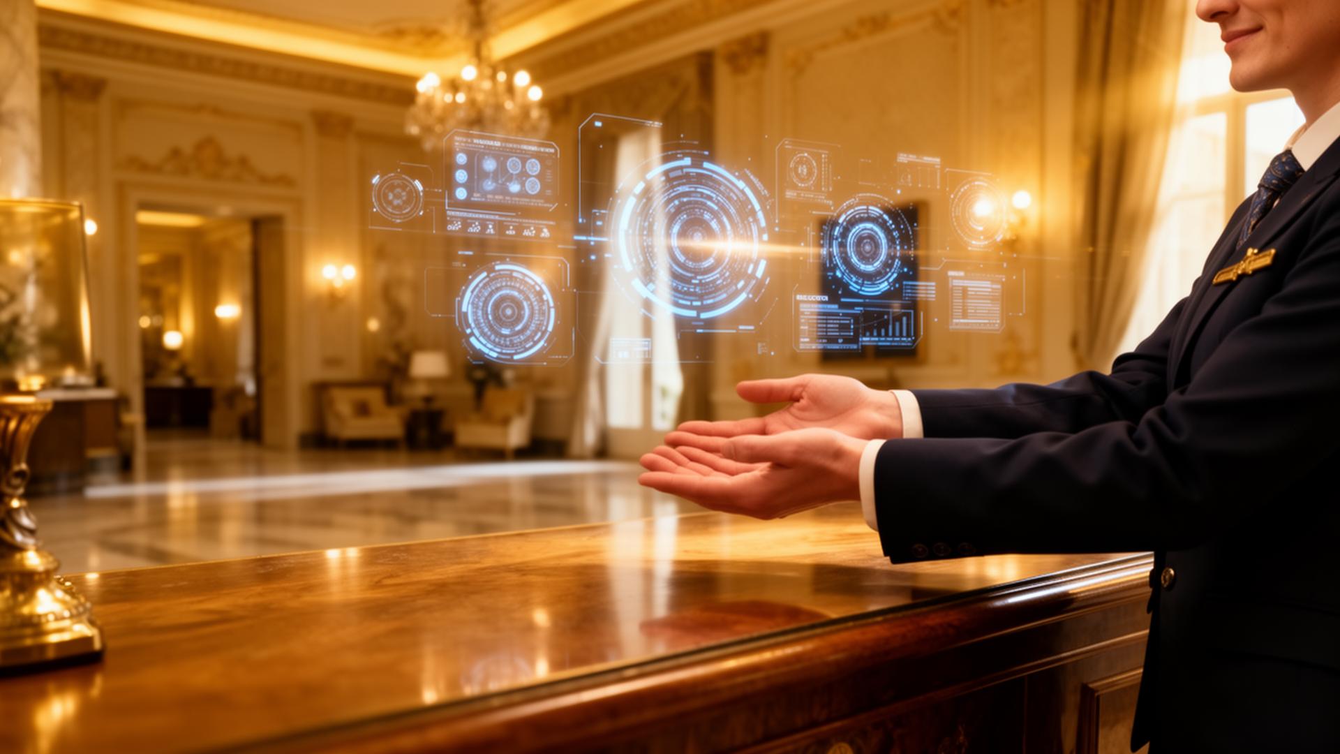 Concierge in hotel italiano di lusso accoglie un ospite mentre dashboard AI olografiche fluttuano sullo sfondo