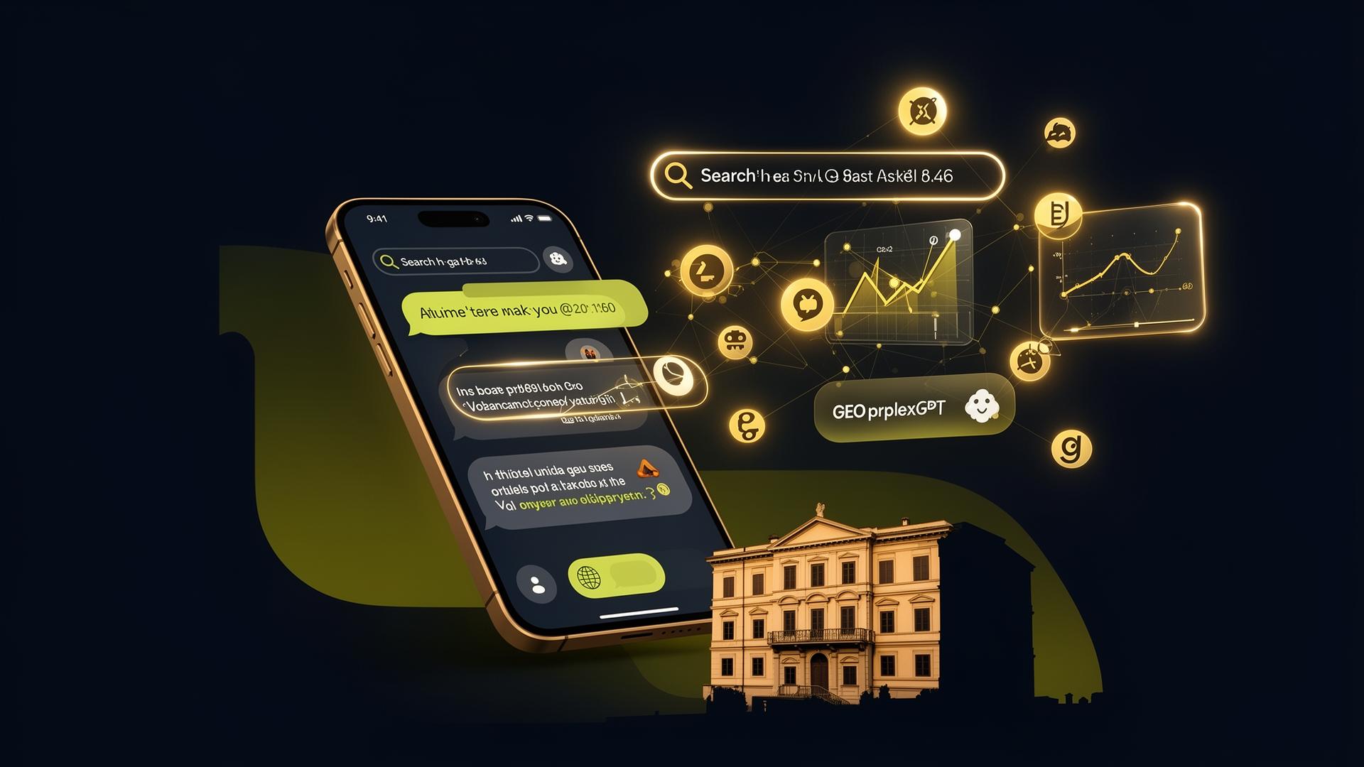 AI marketing hotel 2026: smartphone con assistente conversazionale che raccomanda strutture italiane, grafici SEO che si trasformano in citazioni GEO da ChatGPT, Perplexity e Gemini