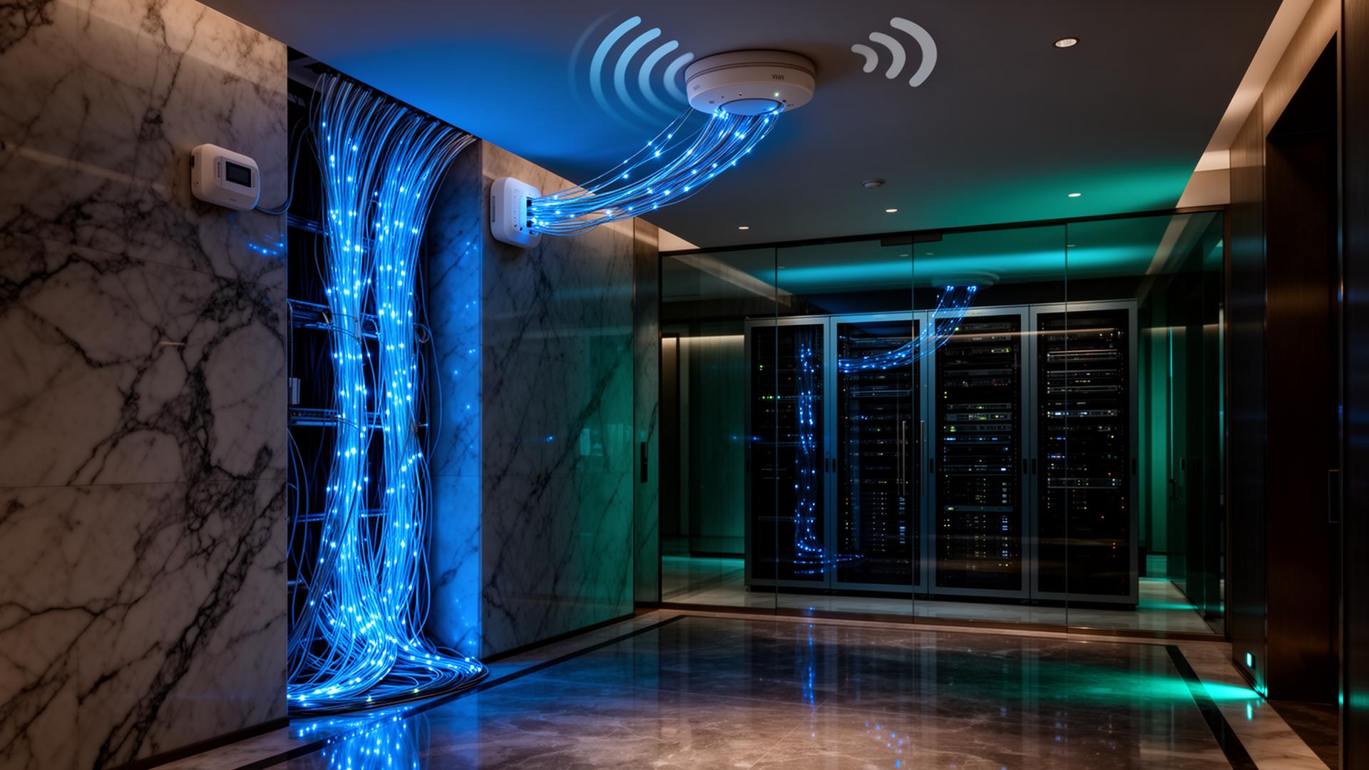 Infrastruttura ICT alberghiera: armadio rack con switch, cablaggio strutturato Cat6A e access point Wi-Fi 6 in una struttura ricettiva moderna