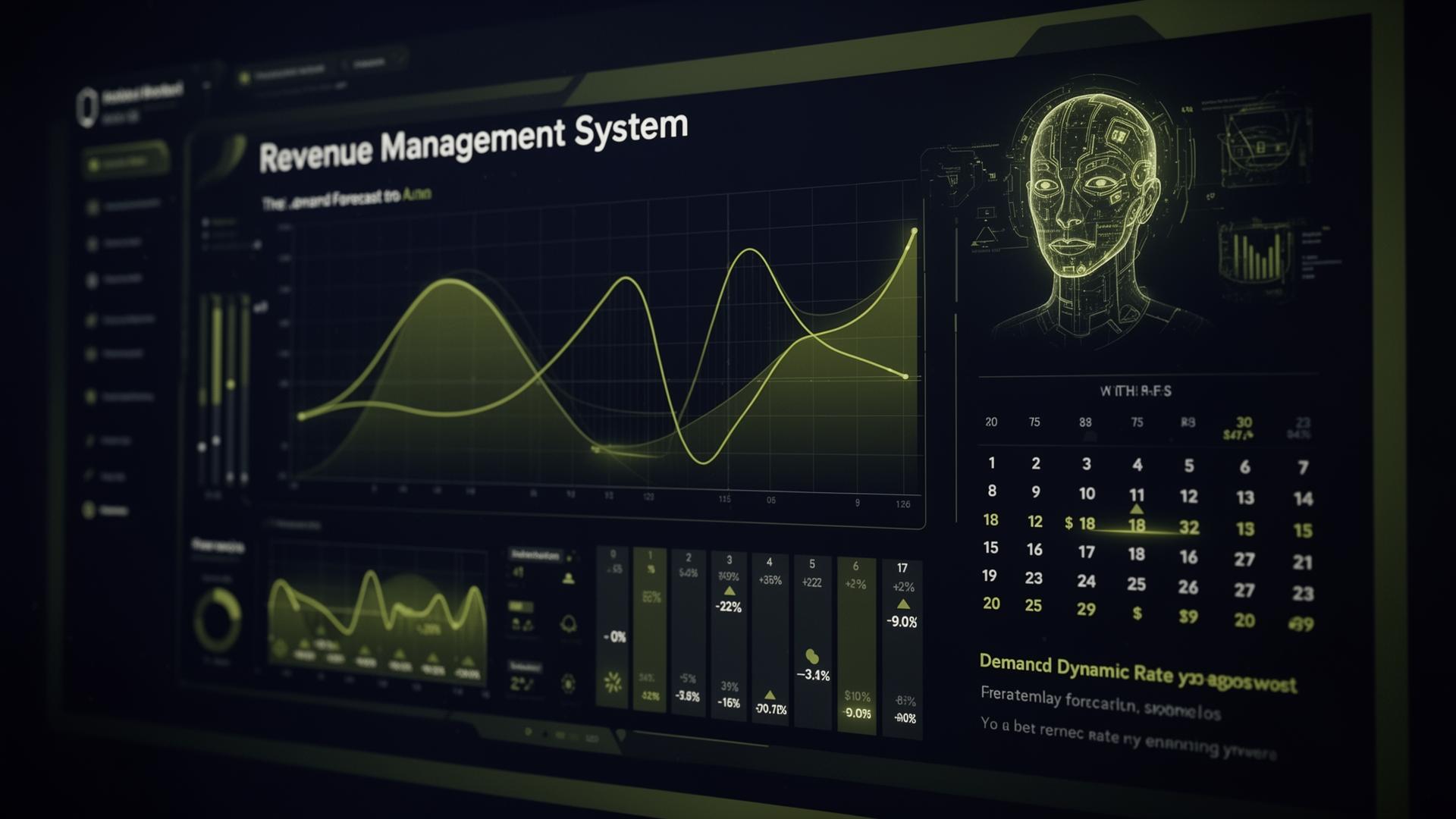 Dashboard di Revenue Management System con curve di domanda e calendario tariffe