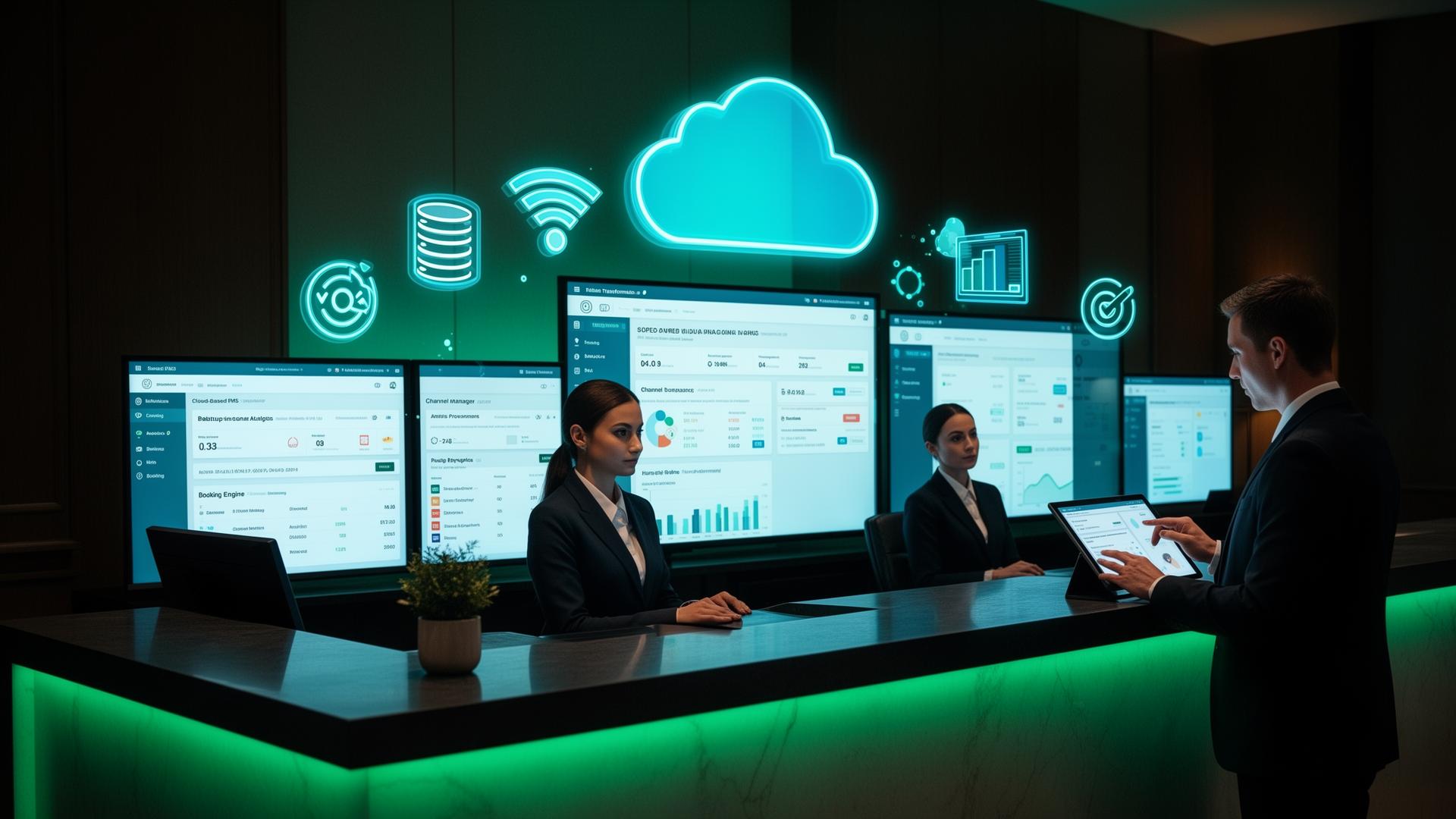 Stack tecnologico hotel: reception digitalizzata con PMS cloud, channel manager e dashboard di analytics integrate