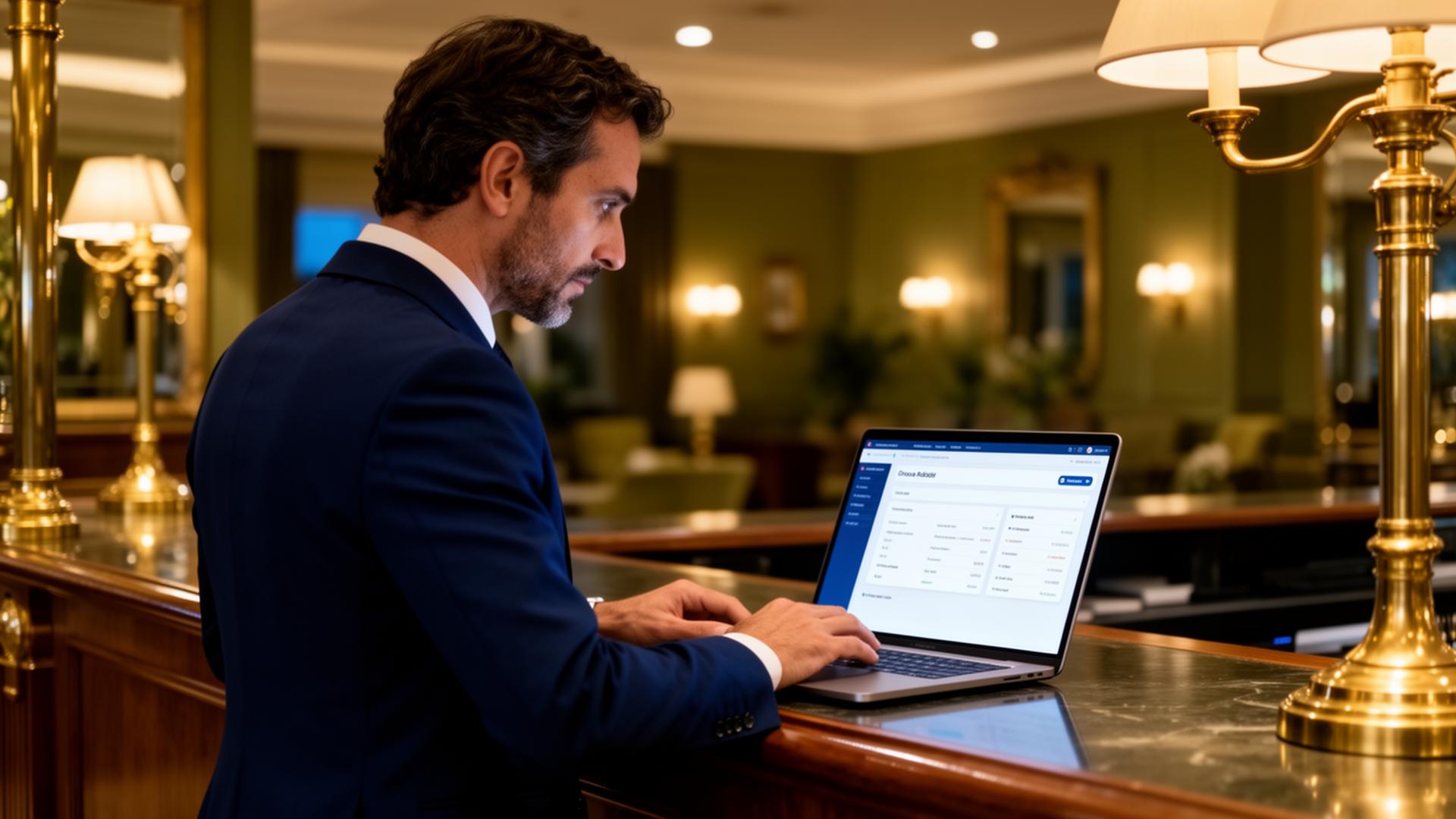 Albergatore italiano dietro al banco reception consulta una dashboard gestionale al laptop