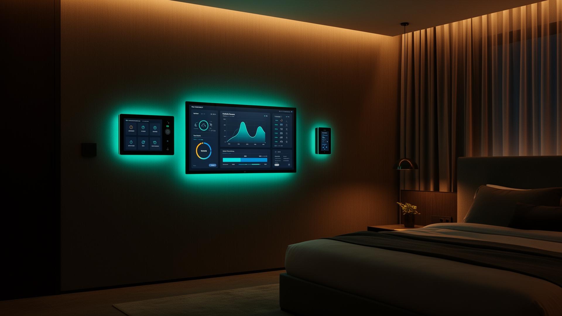 Domotica alberghiera in azione: camera d'hotel con termostato smart, illuminazione automatizzata e dashboard di controllo per il risparmio energetico